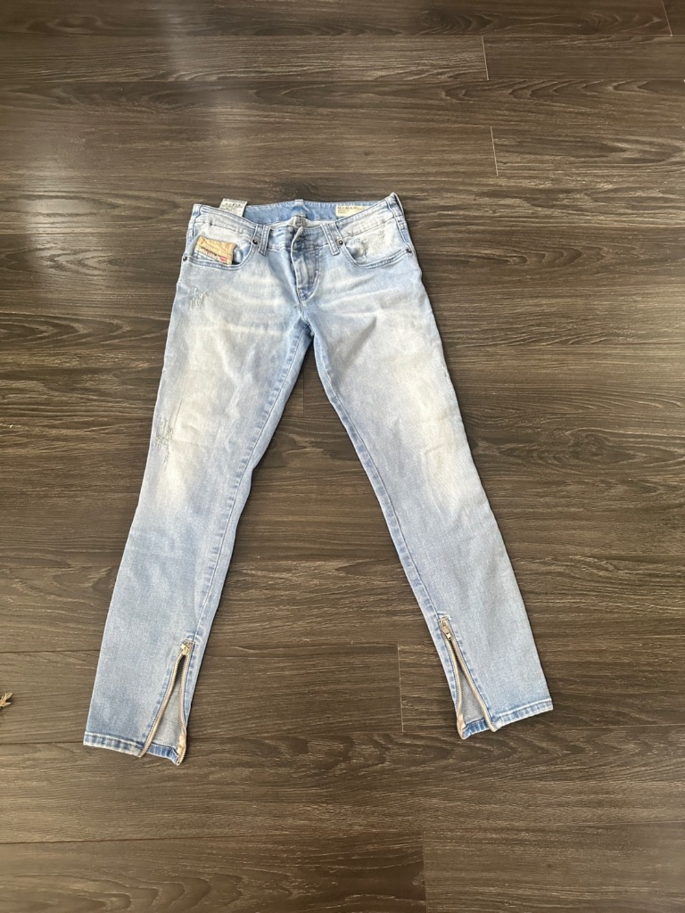 Light Wash Blue Slim Jeans with Ankle Zippers